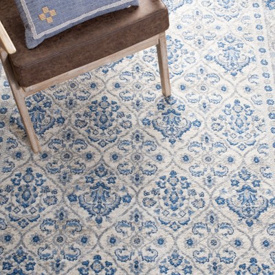 Ivory and Blue Hand-knotted Rectangular Synthetic Rug