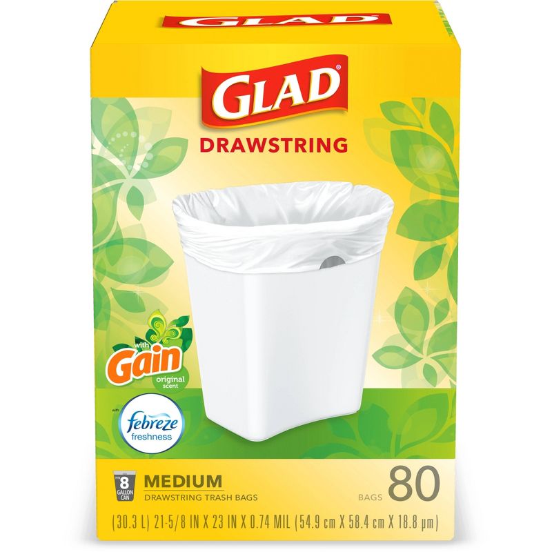 Glad Drawstring Gain Odor Shield Medium Trash Bags - 8 Gallon - 80ct, 1 of 11