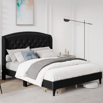 Whizmax Bed Frame, Upholstered Platform Bed with Wingback Headboard, Heavy Duty Button Tufted Bed Frame with Wood Slat Support
