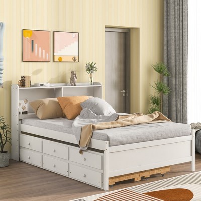 Full Size Platform Bed With Bookcase Headboard, Twin Size Trundle Bed ...