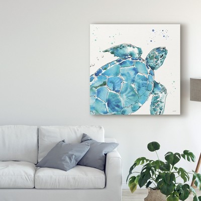 14" x 14" Blue and Green Watercolor Sea Turtle Canvas Art