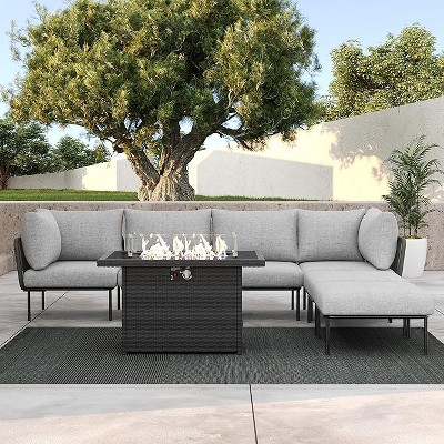 LayinSun 7 Pieces Rope Woven Patio Furniture Set, Modern Modular Sectional Sofa with Fire Pit Table and Upgrade Thickness Cushion