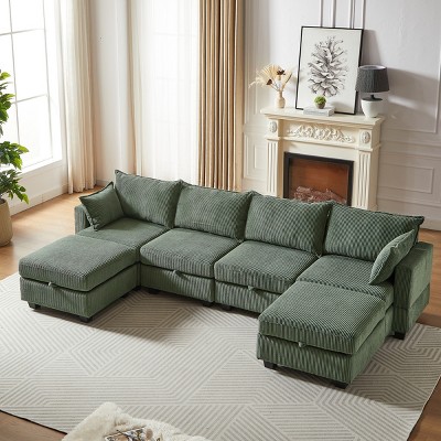 113.5'' Modular Corduroy Sectional Sofa,U Shaped Convertible Couch with Storage Ottoman and Chaise,6-Seater for Living Room-Baofuwish