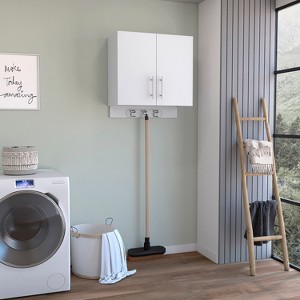 Depot E-Shop Wall cabinet 27" H, three broom hangers and metal handles, two internal shelves, two doors - 1 of 4