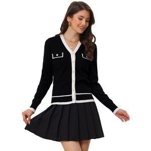 Allegra K Women's Contrast Color V Neck Long Sleeve Button Knit Cardigan Sweater - 1 of 4