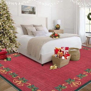 Christmas Area Rugs, Bells Holly Berry Ribbon Garland Traditions Throw Carpets for Living Room Bedroom Kitchen Dining Room Nursery Office - 1 of 4