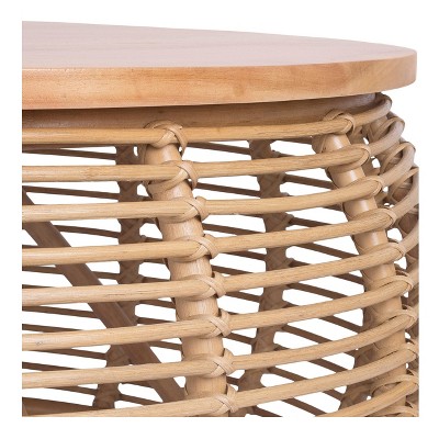 Honey Brown Round Rattan and Pine Coffee Table with Storage