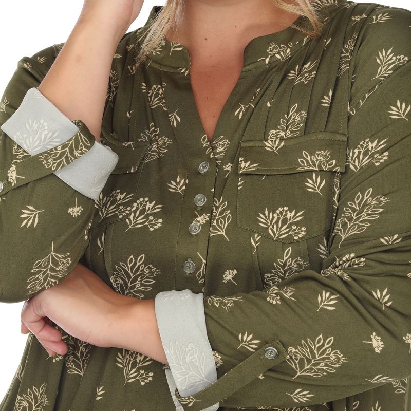 Plus Size Pleated Long Sleeve Leaf Print Blouse, 5 of 6