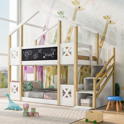 Twin Over House Bunk Bed With White Storage Staircase And Blackboards Twin Over Size Bunk Bed Frame Convertible Bunk Bed For Kids Bedroom Target