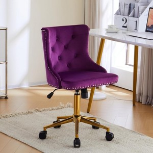 VINGLI Dark Purple Armless Home Office Desk Chair with Gold Base/Wheels, Small Cute Vanity/Makeup Chair, AdjustableSwivel Nail Chair - 1 of 4