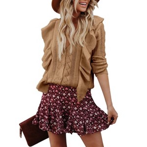 Womens V Neck Button Down Sweaters Tops Casual Long Sleeve Ruffle Knit Cardigan Sweater Outwear - 1 of 2