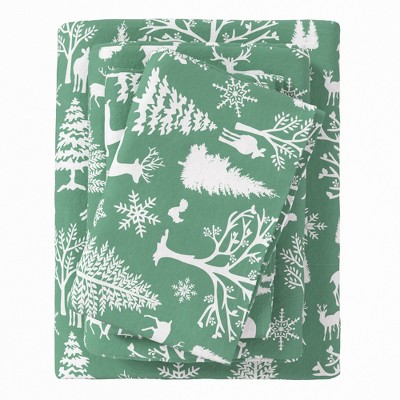 100% Cotton Lodge Print Flannel Sheet Set - Great Bay Home (Queen, Enchanted Woods - Sage Green)