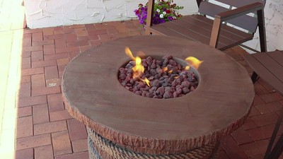 Light Brown Rope and Barrel Design Propane Gas Fire Pit Table