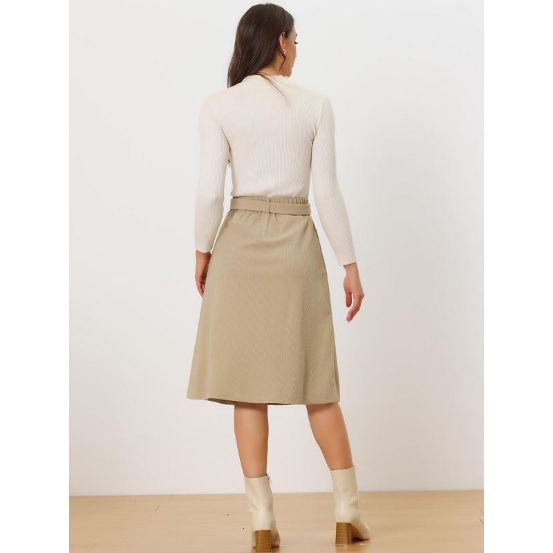 Allegra K Women's High Waist Button Front A-Line Belted Corduroy Midi Skirt, 4 of 6