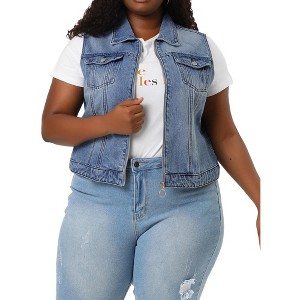 Agnes Orinda Women's Plus Size Trucker Zipper Front Sleeveless Sport Crop Denim Vests - 1 of 4