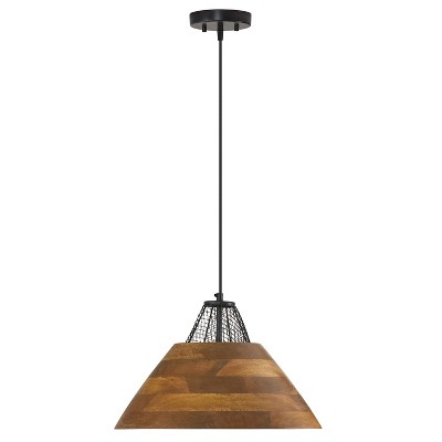 River of Goods 17.25" 1-Light Alainia Black Metal and Walnut-Stained Wood Pendant Light: Satin Finish, UL Listed, Adjustable Height