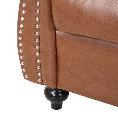Cognac Brown Faux Leather Chesterfield Loveseat with Nailhead Trim
