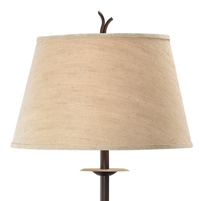 Rustic Walnut & Iron Floor Lamp with Linen Shade and Tray Table