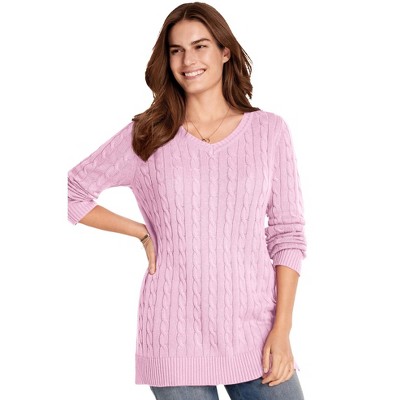 Woman Within Women's Plus Size Cable Knit V-Neck Pullover Sweater