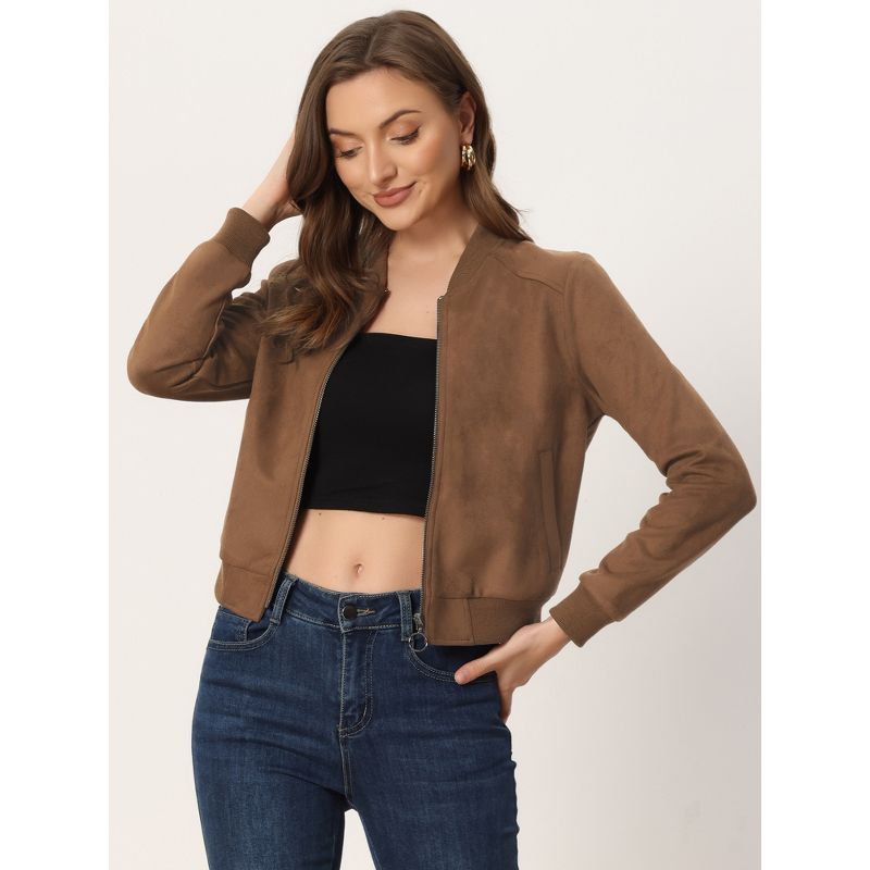 Allegra K Women's Faux Suede Cropped Stand Collar Zip-Up Bomber Jackets, 4 of 6