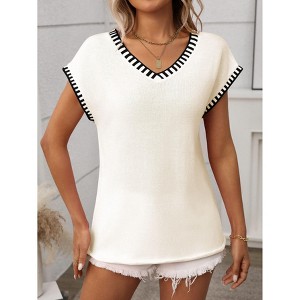 Coolmee Women's Summer Sweaters Lightweight V-Neck Short Cap Sleeve Blouses Soft Loose Fit Contrast Trim Breathable Casual Pullover Knit Tops L Beige - 1 of 4
