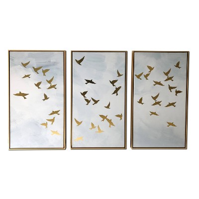 48" x 30" Golden Birds Triptych Floating Framed Wall Canvas Blue - Gallery 57