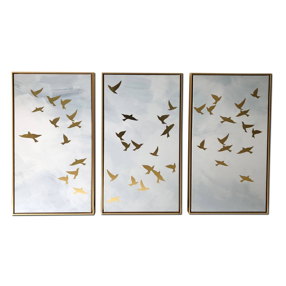 Photos - Other interior and decor 48" x 30" Golden Birds Triptych Floating Framed Wall Canvas Blue - Gallery
