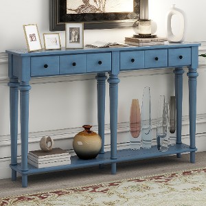Lyngins Vintage Pine Veneer Console Table with 4 Drawers & Open Shelf, Retro Narrow Entryway Table, Sofa Table Narrow Long for Living Room, Hallway - 1 of 4