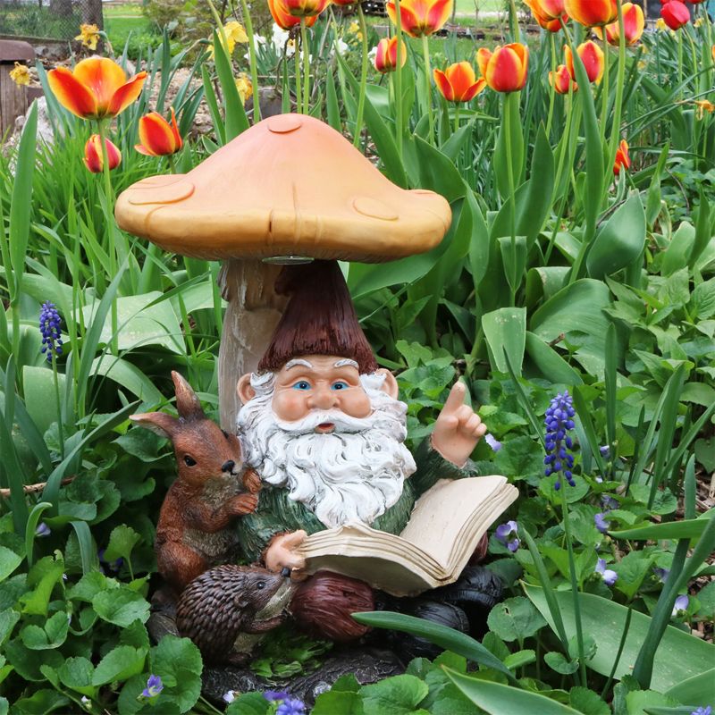 Sunnydaze Bernard the Bookworm Resin Indoor/Outdoor Garden Gnome with Mushroom and Solar Light - 16" H, 2 of 12