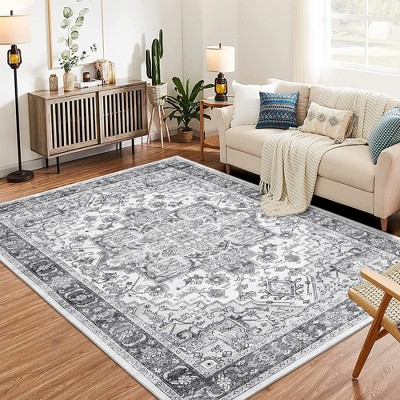 Garvee Large Area Rug for Living Room, Machine Washable Vintage Rug Carpet for Bedroom Dinning Room, Distressed Area Rug Indoor Non Slip No Pile, Grey
