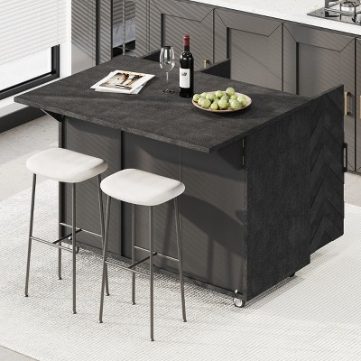 CLIHOME Farmhouse 3D Wave Stripes Kitchen Island with Drop Leaf and Wheels, Rolling Kitchen Cart with Towel Rack and Internal Storage Rack