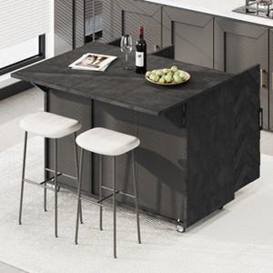 CLIHOME Farmhouse 3D Wave Stripes Kitchen Island with Drop Leaf and Wheels, Rolling Kitchen Cart with Towel Rack and Internal Storage Rack - 1 of 4