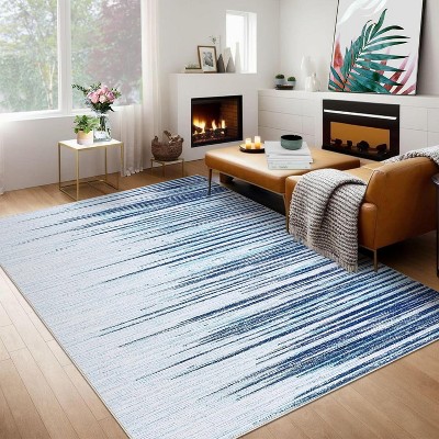 Washable Modern Rug, Low Pile, Non-Slip, Stain Resistant Striped Bohemian Carpet for Living Room Bedroom Dining Office