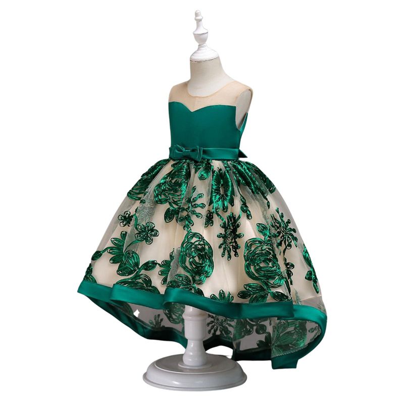 Girls Sheer Collar Green Embroidered Hi-Lo Dress - Mia Belle Girls, 2 of 8