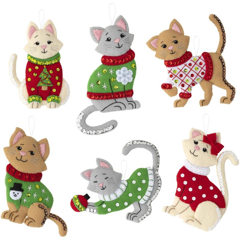 Bucilla Felt Ornaments Applique Kit Set Of 6-Cats In Ugly Sweaters, 1 of 8