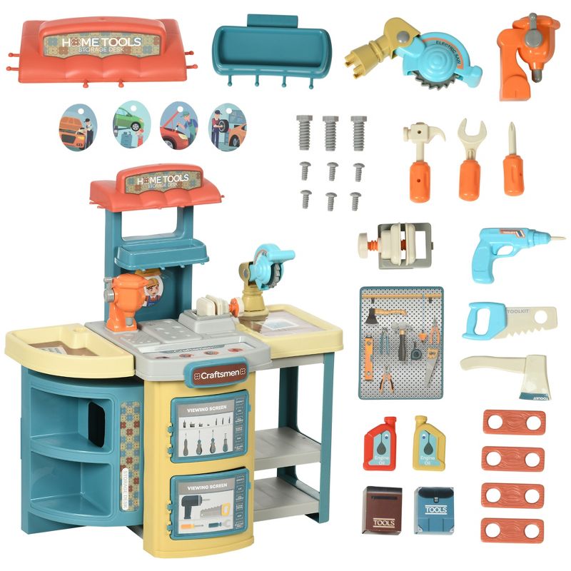 Qaba Kids Tool Set, 47 Piece Pretend Play Kids Workbench, Toddler Tool Bench & Trolley for Children, Gift for Boys and Girls Aged 3-6 Years Old, 1 of 8