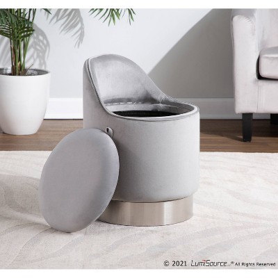 LumiSource Marla Glam Vanity Stool Steel/Velvet Chrome/Silver: Round, Swivel, Mid-Century Modern Ottoman with Storage