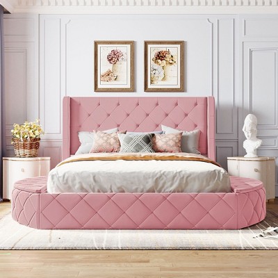 Sapphtopaz Velvet Queen Size Bed Frame with Wingback Headboard Upholstered Platform Bed Frame with Big Drawer & Side Storage Stools for Bedroom