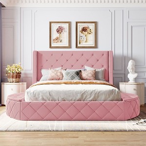 Sapphtopaz Velvet Queen Size Bed Frame with Wingback Headboard Upholstered Platform Bed Frame with Big Drawer & Side Storage Stools for Bedroom - 1 of 4