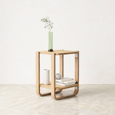 Natural Wood Two-Tier Side Table with Bentwood Legs