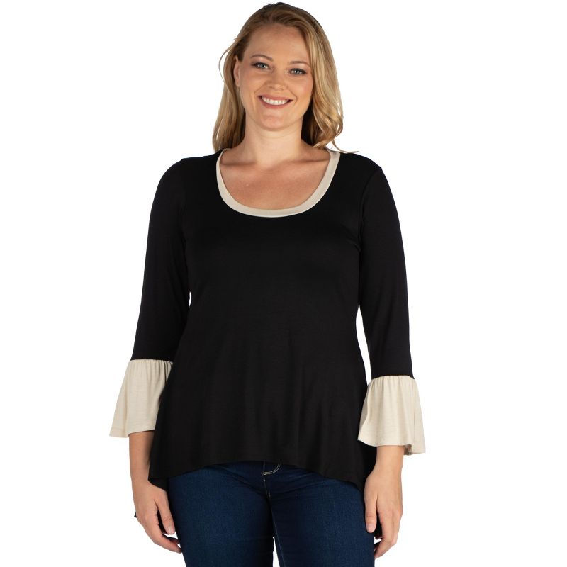 24seven Comfort Apparel Womens Black and Beige Bell Sleeve Hi Low Plus Size Tunic Top, 1 of 6