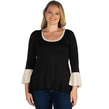 24seven Comfort Apparel Womens Black and Beige Bell Sleeve Hi Low Plus Size Tunic Top