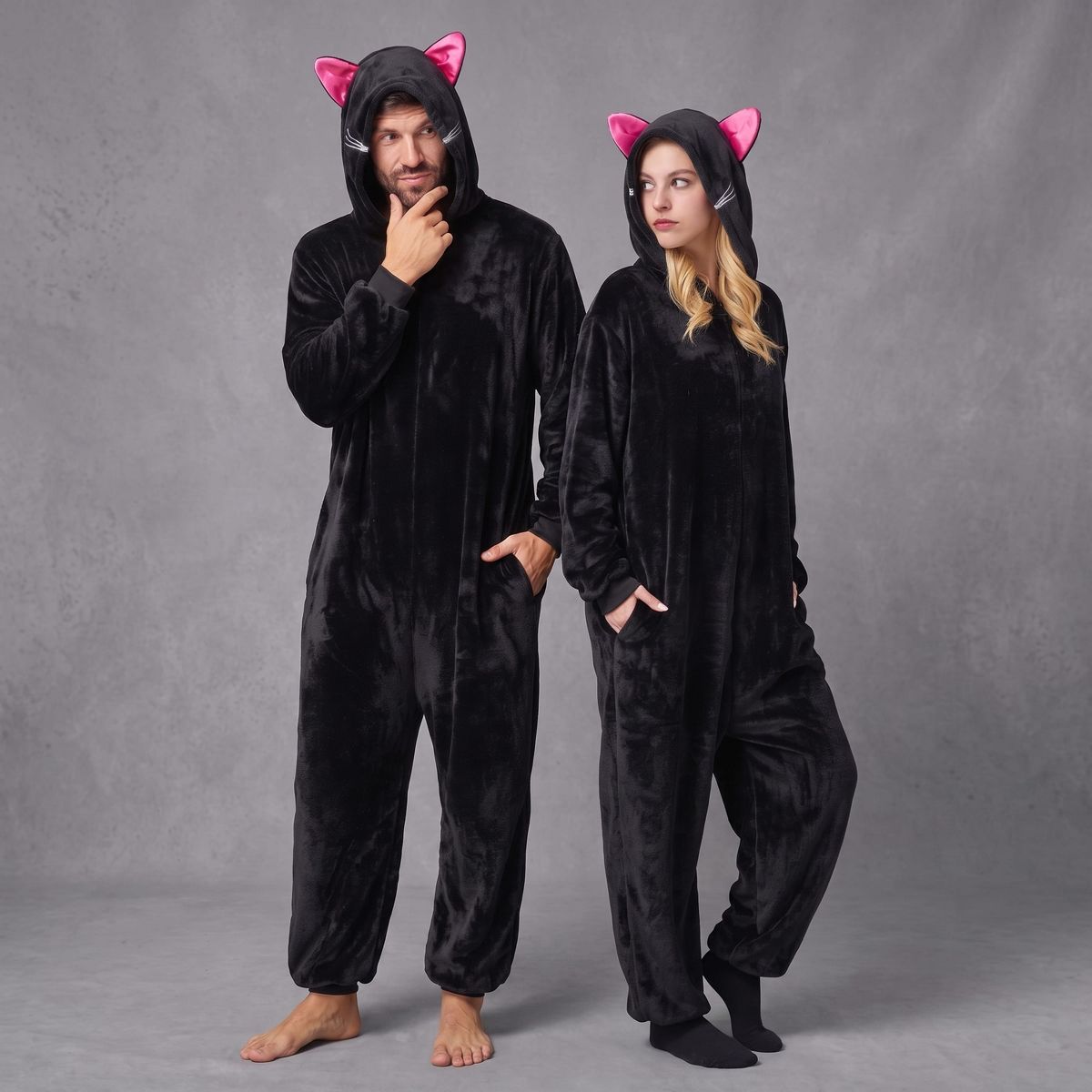 Joyfy Halloween Black Cat Pajama Hooded Jumpsuit Costume for Adult, Animal Halloween Costume Dress Up for Women Men - thumbnail 3