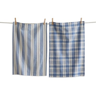 TAG Stripe & Plaid Dishtowel Set of 2 Blue Multi Kitchen Towel Cotton Machine Washable, 18 x 27 inch