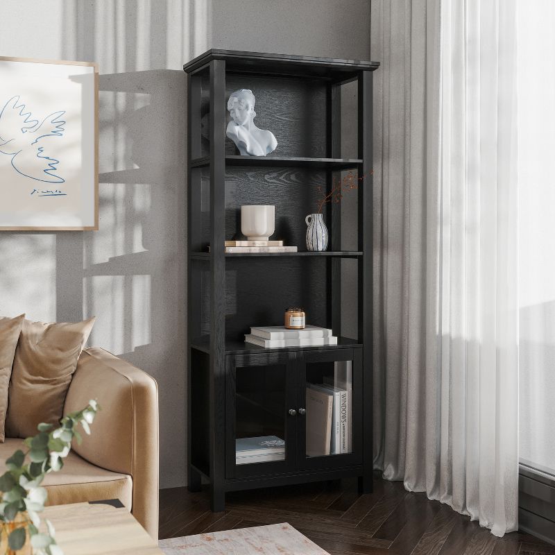 Emma and Oliver Modern Farmhouse Wooden Bookcase and Storage Cabinet with Tempered Glass Doors and 3 Upper Shelves, 2 of 12