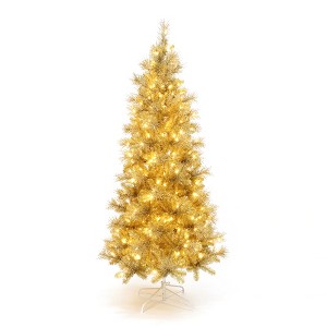 LuxenHome 7.5Ft Pre-Lit Gold Tinsel Artificial Pine Tree with Metal Stand - 1 of 4