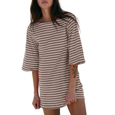 EXLURA Women's 2025 Summer Oversized Short Sleeve T Shirt Dress Casual Crew Neck Striped Tops Loose Sundress with Pockets