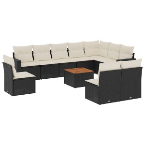 vidaXL Patio Sofa Set with Cushions Outdoor Furniture 11 Piece Poly Rattan - Black and Cream - 1 of 4