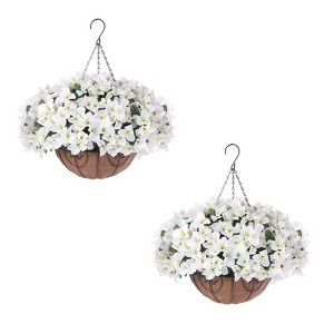 Artificial Geraniums Flowers with Brown Basket Set of 2, Artificial Hanging Flowers Plant, 12 Pcs Outdoor Flowers - 1 of 4
