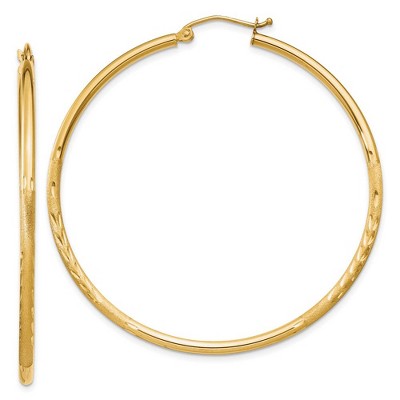 Black Bow Jewelry 2mm x 50mm 14k Yellow Gold Satin & Diamond-Cut Round Hoop Earrings